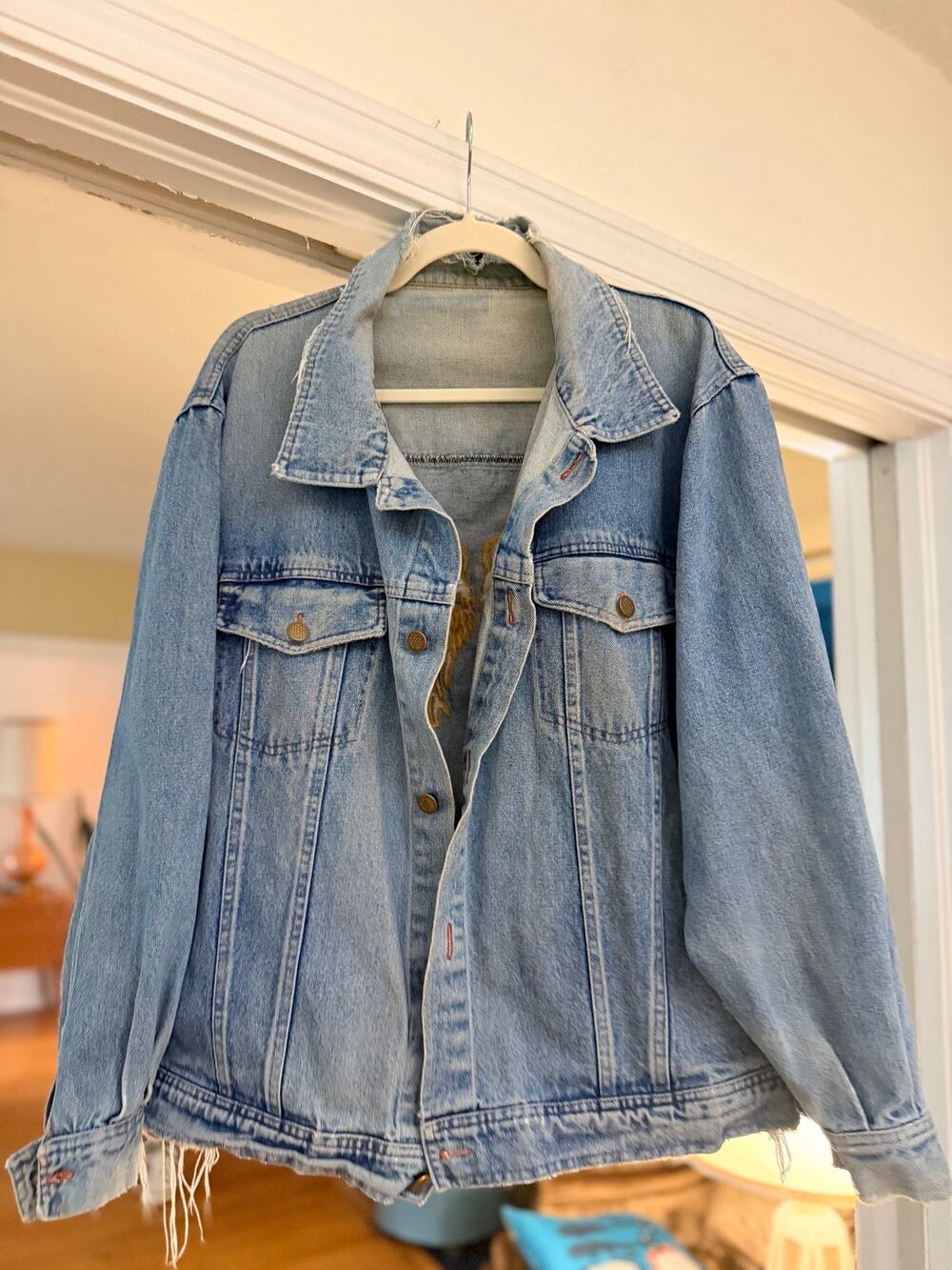 Gold Angel Wings Embroidered Distressed Denim Jacket Oversized 24” Pit